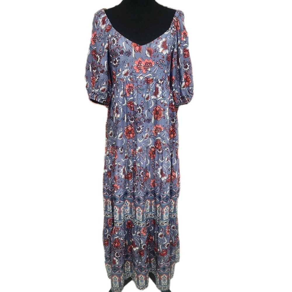 Boho Maxi Dress Cottagecore Praire Medium Hippie Smocked Peasant Wedding Guest M